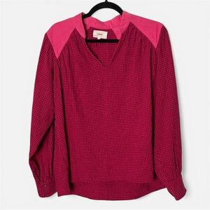 XiRENA plaid longsleeve blouse corduroy yoke hot pink XS